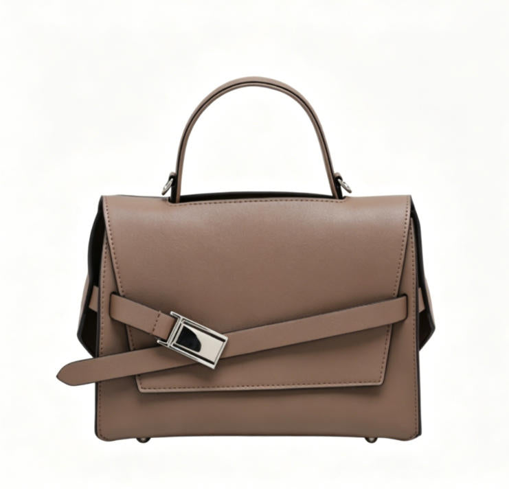 Genuine Leather Structured Top-Handle Satchel Bag, Minimalist Flap Handbag with Adjustable Buckle Strap