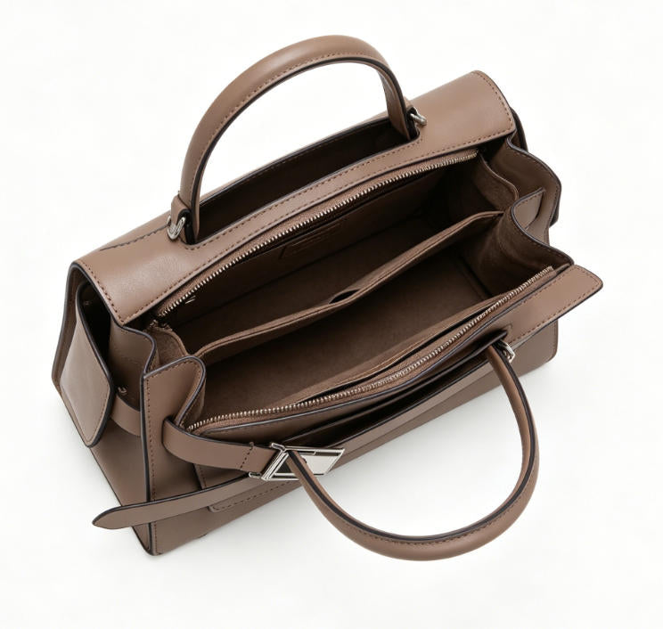 Genuine Leather Structured Top-Handle Satchel Bag, Minimalist Flap Handbag with Adjustable Buckle Strap