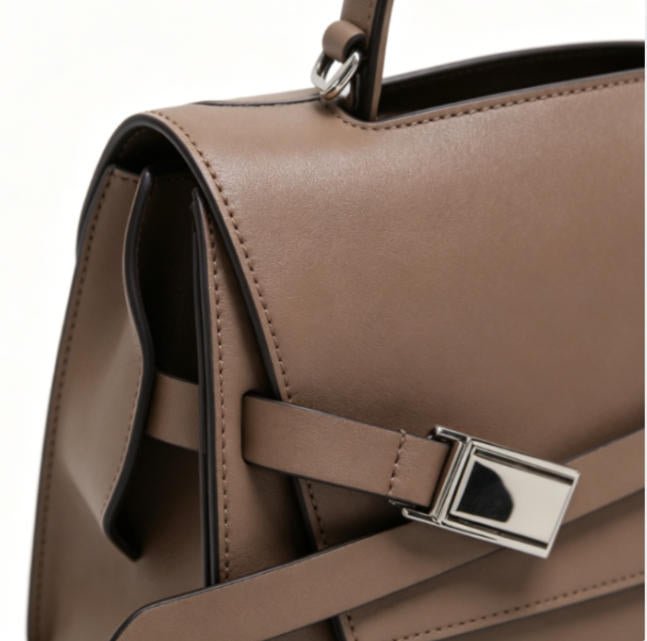 Genuine Leather Structured Top-Handle Satchel Bag, Minimalist Flap Handbag with Adjustable Buckle Strap