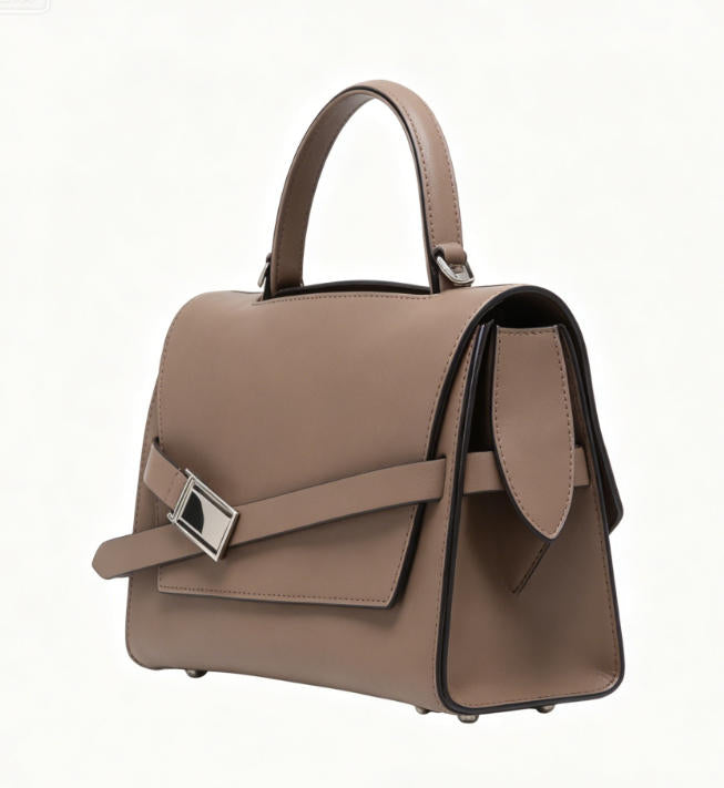 Genuine Leather Structured Top-Handle Satchel Bag, Minimalist Flap Handbag with Adjustable Buckle Strap