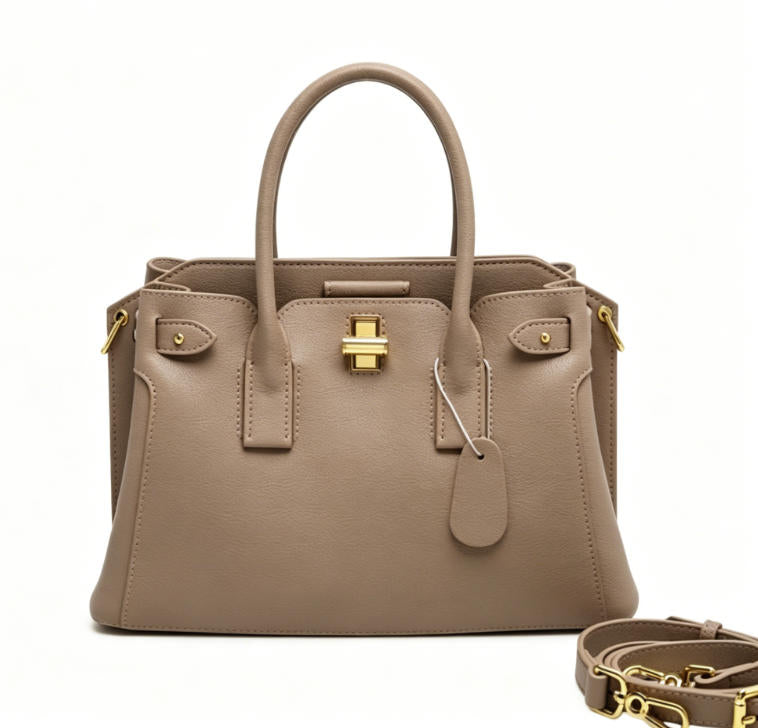 Genuine Leather Structured Top Handle Tote Bag, Women's Classic Satchel with Gold Hardware & Detachable Strap, OEM/ODM Customizable