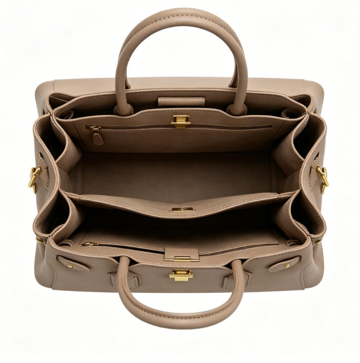 Genuine Leather Structured Top Handle Tote Bag, Women's Classic Satchel with Gold Hardware & Detachable Strap, OEM/ODM Customizable