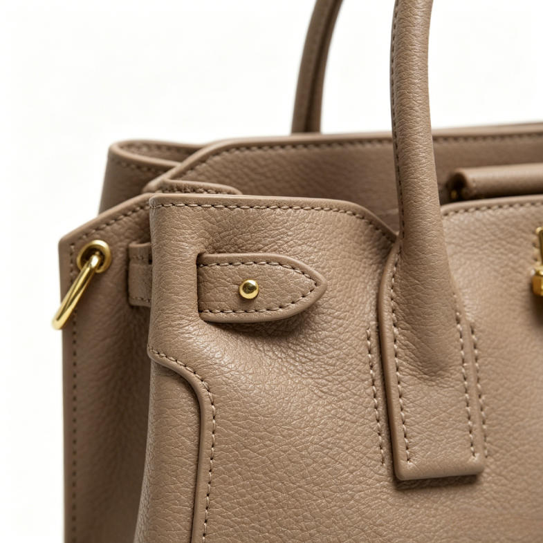 Genuine Leather Structured Top Handle Tote Bag, Women's Classic Satchel with Gold Hardware & Detachable Strap, OEM/ODM Customizable
