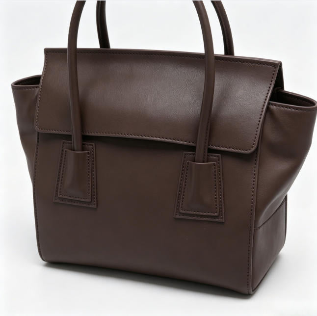 Minimalist Dark Brown Genuine Leather Tote Bag, Structured Flap Top-Handle Handbag for Work & Daily Commute