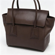 Minimalist Dark Brown Genuine Leather Tote Bag, Structured Flap Top-Handle Handbag for Work & Daily Commute