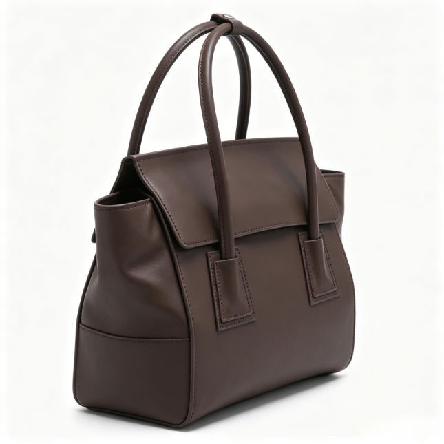 Minimalist Dark Brown Genuine Leather Tote Bag, Structured Flap Top-Handle Handbag for Work & Daily Commute