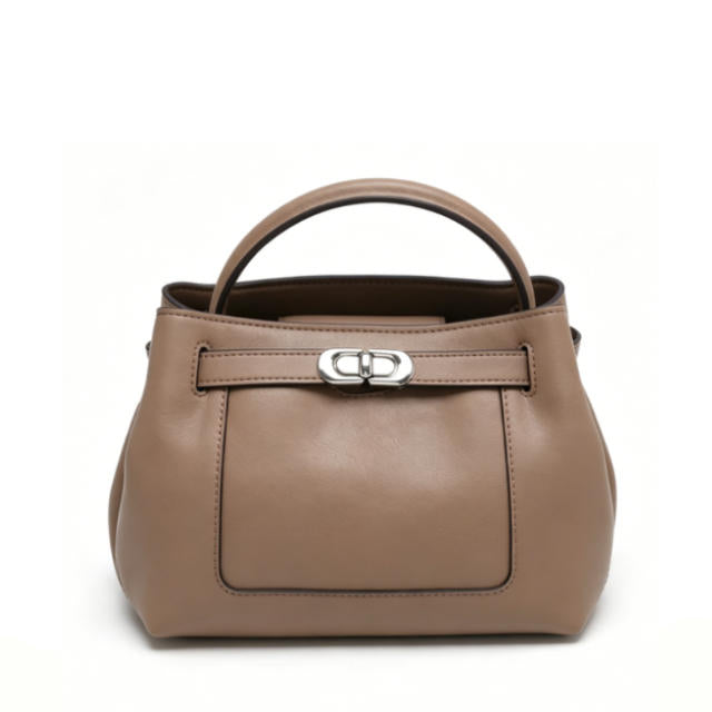 Genuine Leather Mini Top-Handle Bucket Bag, Women's Satchel with Silver Turn-Lock, OEM/ODM Customizable Handbag