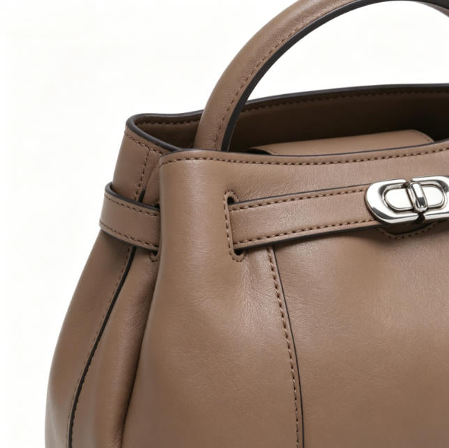 Genuine Leather Mini Top-Handle Bucket Bag, Women's Satchel with Silver Turn-Lock, OEM/ODM Customizable Handbag