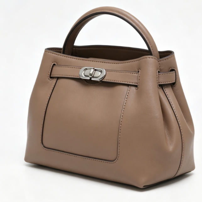 Genuine Leather Mini Top-Handle Bucket Bag, Women's Satchel with Silver Turn-Lock, OEM/ODM Customizable Handbag
