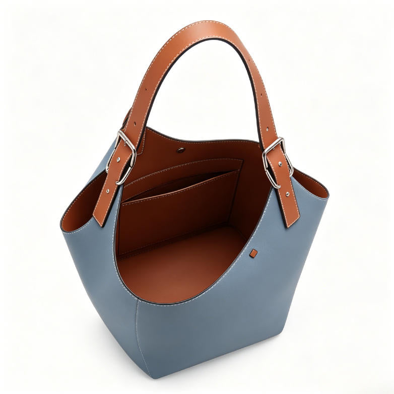 Genuine Leather Color-Block Bucket Tote Bag, Women's Large Asymmetrical Shoulder Bag with Adjustable Strap, OEM/ODM Customizable
