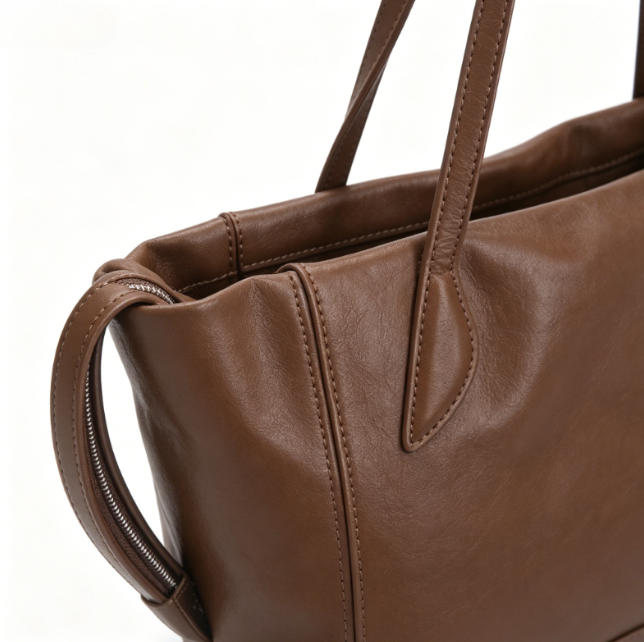 Soft Brown Genuine Leather Expandable Tote Bag, Everyday Shoulder Tote with Adjustable Side Zippers for Work & Travel