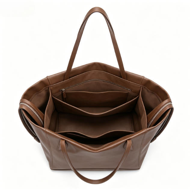 Soft Brown Genuine Leather Expandable Tote Bag, Everyday Shoulder Tote with Adjustable Side Zippers for Work & Travel
