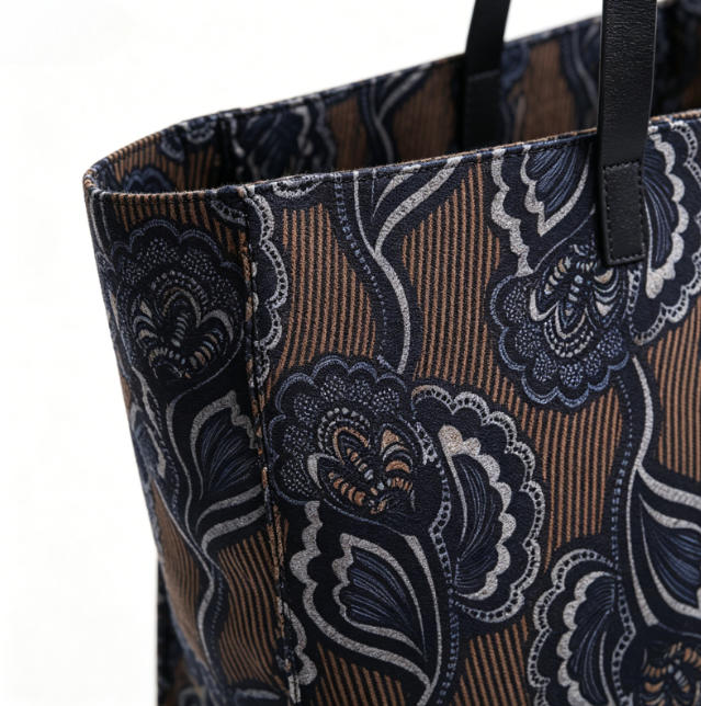 Printed Fabric & Leather Tote Bag, Women's Large Floral Paisley Shoulder Tote with Genuine Leather Handles, OEM/ODM Customizable