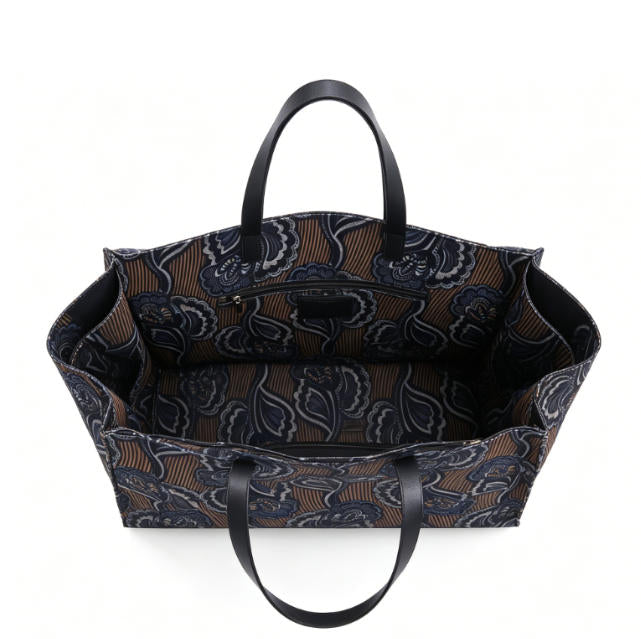 Printed Fabric & Leather Tote Bag, Women's Large Floral Paisley Shoulder Tote with Genuine Leather Handles, OEM/ODM Customizable