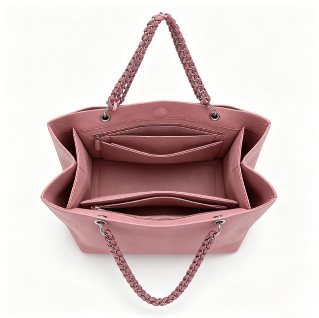 Cute Pink Genuine Leather Tote Bag with Braided Chain Handle & Poodle Charm, Large Shoulder Bag for Daily & Casual Use