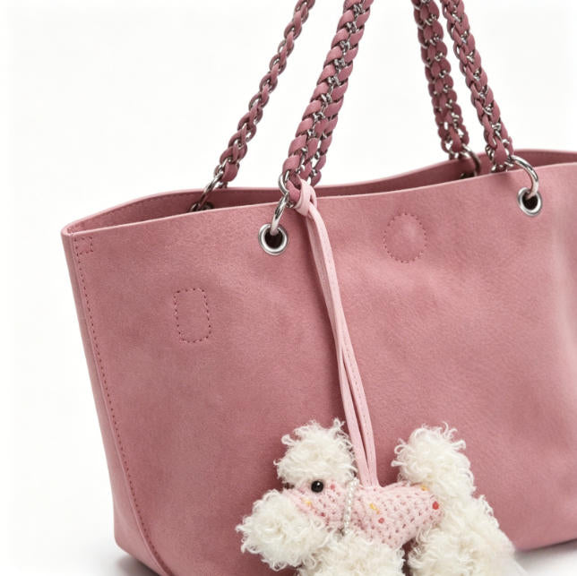 Cute Pink Genuine Leather Tote Bag with Braided Chain Handle & Poodle Charm, Large Shoulder Bag for Daily & Casual Use