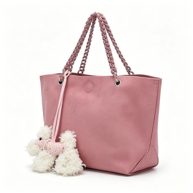 Cute Pink Genuine Leather Tote Bag with Braided Chain Handle & Poodle Charm, Large Shoulder Bag for Daily & Casual Use