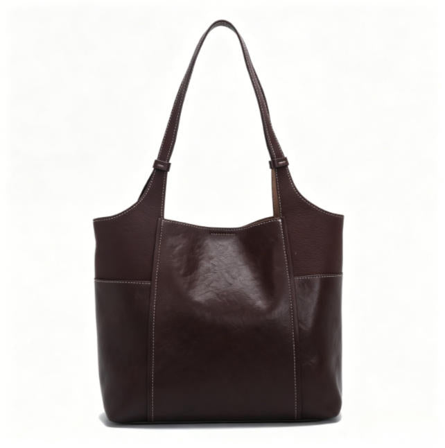 Genuine Leather Patchwork Tote Bag, Women's Soft Brown Shoulder Tote with Adjustable Straps, OEM/ODM Customizable