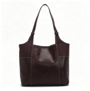 Genuine Leather Patchwork Tote Bag, Women's Soft Brown Shoulder Tote with Adjustable Straps, OEM/ODM Customizable