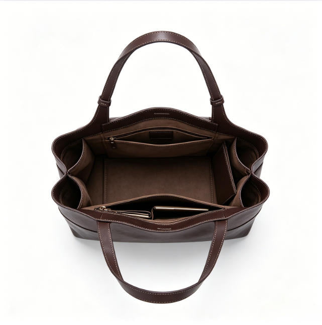 Genuine Leather Patchwork Tote Bag, Women's Soft Brown Shoulder Tote with Adjustable Straps, OEM/ODM Customizable