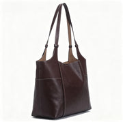 Genuine Leather Patchwork Tote Bag, Women's Soft Brown Shoulder Tote with Adjustable Straps, OEM/ODM Customizable