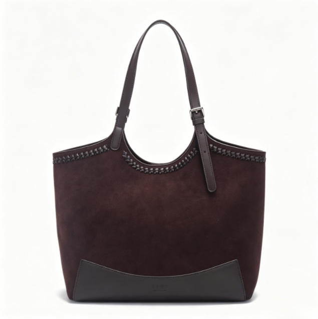 Genuine Leather & Suede Tote Bag, Women's Dark Brown Shoulder Tote with Braided Trim, OEM/ODM Customizable
