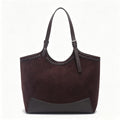 Genuine Leather & Suede Tote Bag, Women's Dark Brown Shoulder Tote with Braided Trim, OEM/ODM Customizable