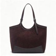 Genuine Leather & Suede Tote Bag, Women's Dark Brown Shoulder Tote with Braided Trim, OEM/ODM Customizable