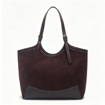 Genuine Leather & Suede Tote Bag, Women's Dark Brown Shoulder Tote with Braided Trim, OEM/ODM Customizable