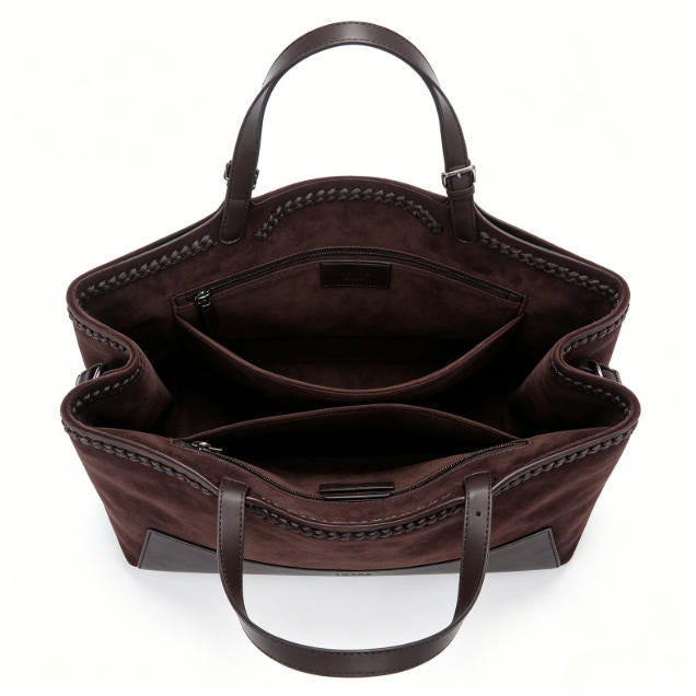 Genuine Leather & Suede Tote Bag, Women's Dark Brown Shoulder Tote with Braided Trim, OEM/ODM Customizable
