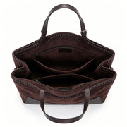 Genuine Leather & Suede Tote Bag, Women's Dark Brown Shoulder Tote with Braided Trim, OEM/ODM Customizable