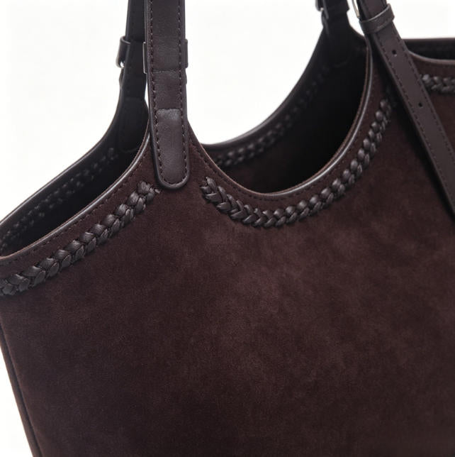 Genuine Leather & Suede Tote Bag, Women's Dark Brown Shoulder Tote with Braided Trim, OEM/ODM Customizable