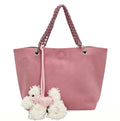 Cute Pink Genuine Leather Tote Bag with Braided Chain Handle & Poodle Charm, Large Shoulder Bag for Daily & Casual Use