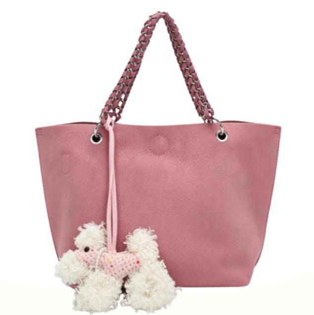Cute Pink Genuine Leather Tote Bag with Braided Chain Handle & Poodle Charm, Large Shoulder Bag for Daily & Casual Use
