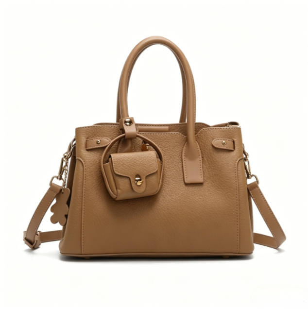 Genuine Leather Satchel Crossbody Bag, Women's Top-Handle Tote with Mini Pouch & Bear Charm, OEM/ODM Customizable