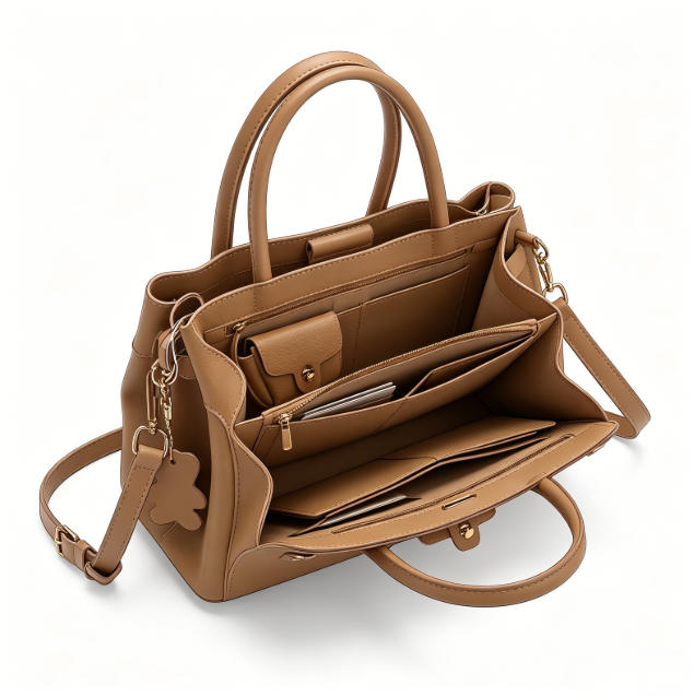 Genuine Leather Satchel Crossbody Bag, Women's Top-Handle Tote with Mini Pouch & Bear Charm, OEM/ODM Customizable