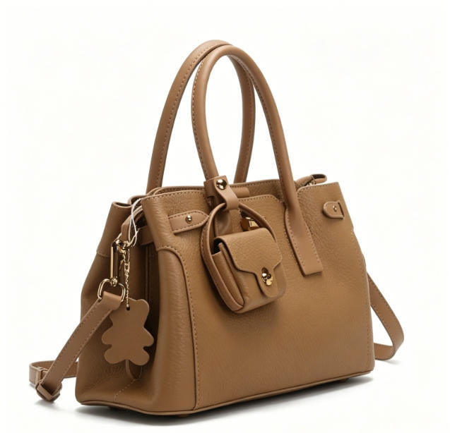 Genuine Leather Satchel Crossbody Bag, Women's Top-Handle Tote with Mini Pouch & Bear Charm, OEM/ODM Customizable