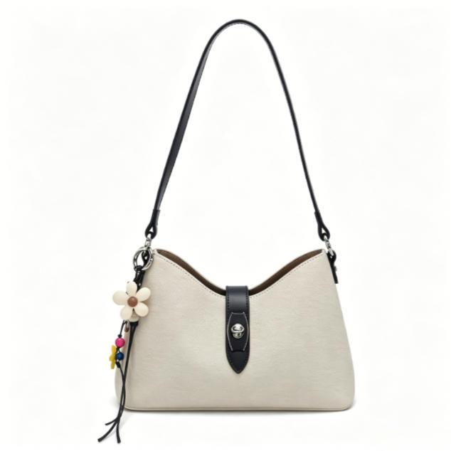 Boho Beige Canvas & Leather Hobo Bag, Casual Crossbody Shoulder Bag with Flower Charm for Everyday
