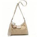 Soft Beige Suede & Genuine Leather Hobo Crossbody Bag, Women's Shoulder Bag with Teddy Bear Charm & Lace Tassel, OEM/ODM Customizable
