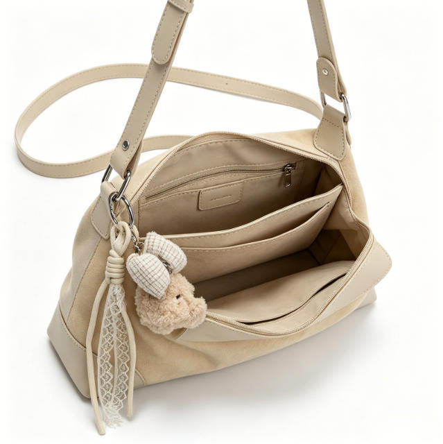 Soft Beige Suede & Genuine Leather Hobo Crossbody Bag, Women's Shoulder Bag with Teddy Bear Charm & Lace Tassel, OEM/ODM Customizable