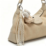 Soft Beige Suede & Genuine Leather Hobo Crossbody Bag, Women's Shoulder Bag with Teddy Bear Charm & Lace Tassel, OEM/ODM Customizable