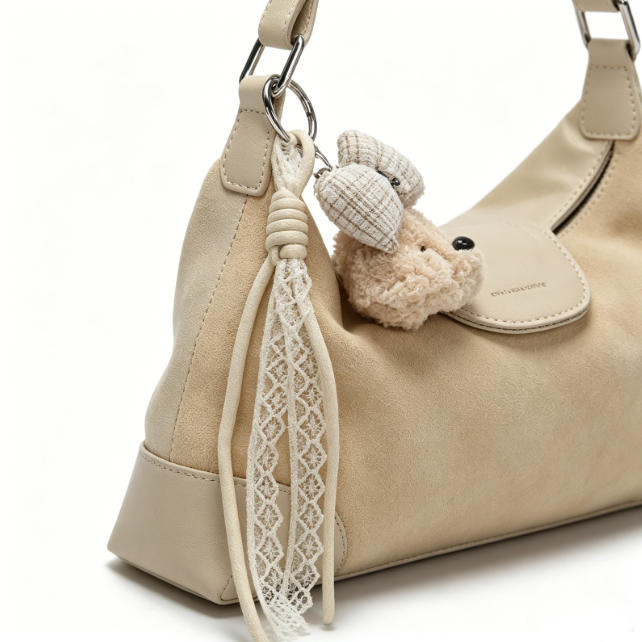 Soft Beige Suede & Genuine Leather Hobo Crossbody Bag, Women's Shoulder Bag with Teddy Bear Charm & Lace Tassel, OEM/ODM Customizable