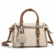 Boho Beige Canvas & Leather Crossbody Satchel, Multi-Way Shoulder Bag with Woven Charm & Adjustable Strap