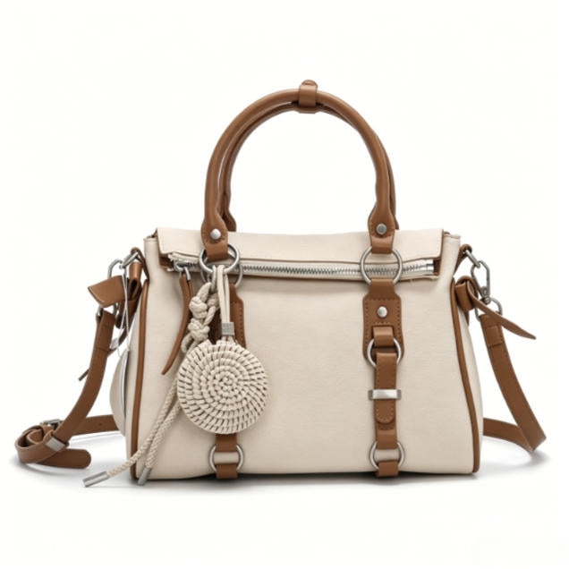 Boho Beige Canvas & Leather Crossbody Satchel, Multi-Way Shoulder Bag with Woven Charm & Adjustable Strap