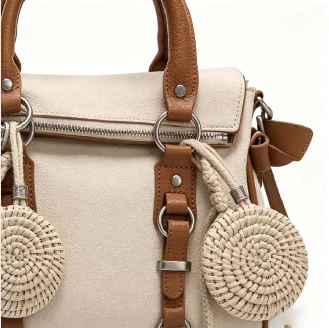 Boho Beige Canvas & Leather Crossbody Satchel, Multi-Way Shoulder Bag with Woven Charm & Adjustable Strap