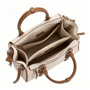 Boho Beige Canvas & Leather Crossbody Satchel, Multi-Way Shoulder Bag with Woven Charm & Adjustable Strap