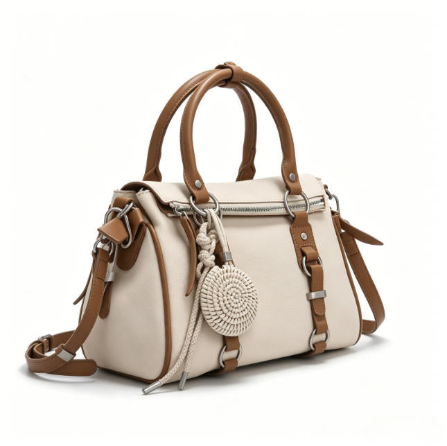 Boho Beige Canvas & Leather Crossbody Satchel, Multi-Way Shoulder Bag with Woven Charm & Adjustable Strap