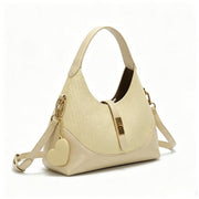 Elegant Cream Beige Woven Leather Hobo Bag, Multi-Way Crossbody Shoulder Bag with Heart Charm for Everyday