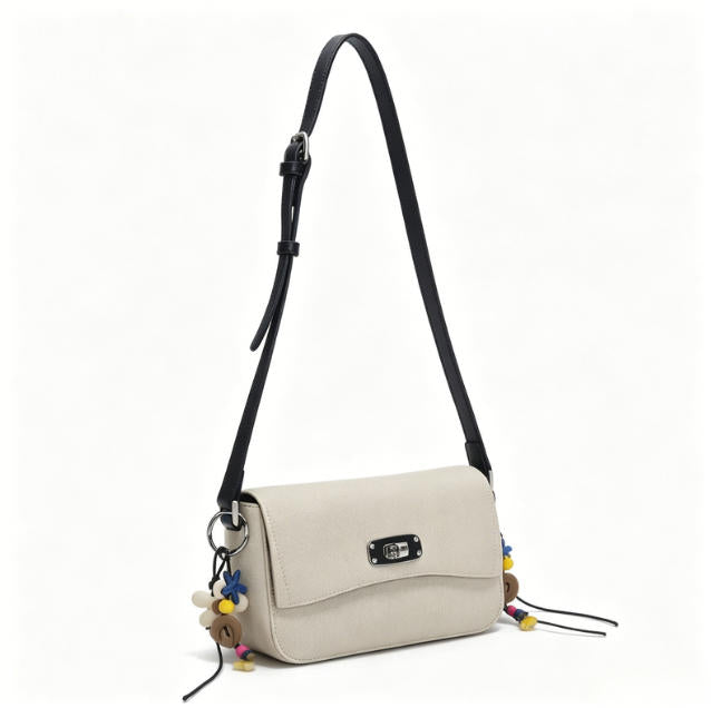 Casual Beige Canvas Crossbody Bag, Minimalist Flap Shoulder Bag with Boho Charm for Everyday