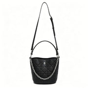 Genuine Leather Quilted Bucket Crossbody Bag, Women's Black Multi-Way Bag with Chain Detail & Adjustable Strap, OEM/ODM Customizable